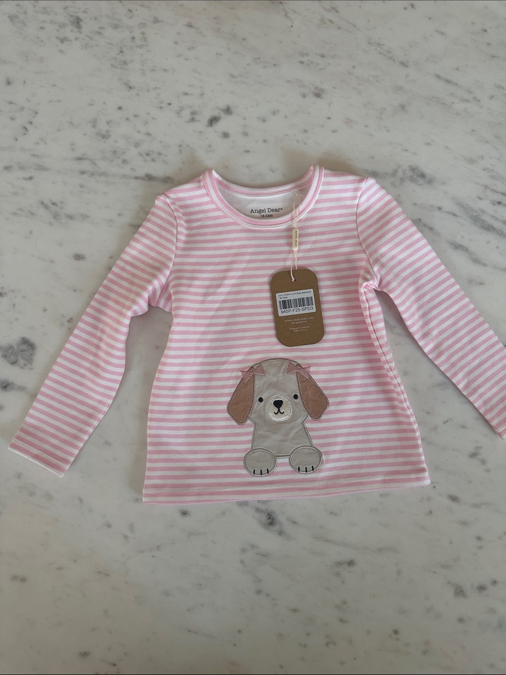 Angel Dear Pink and White Striped Puppy Applique Long Sleeve Top